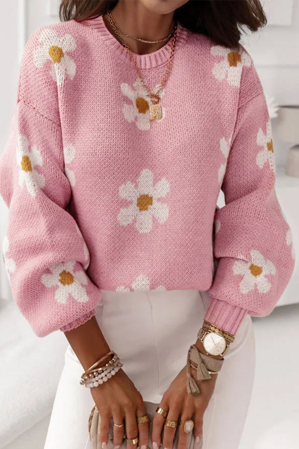 Pink Daisy Drop Shoulder Sweater