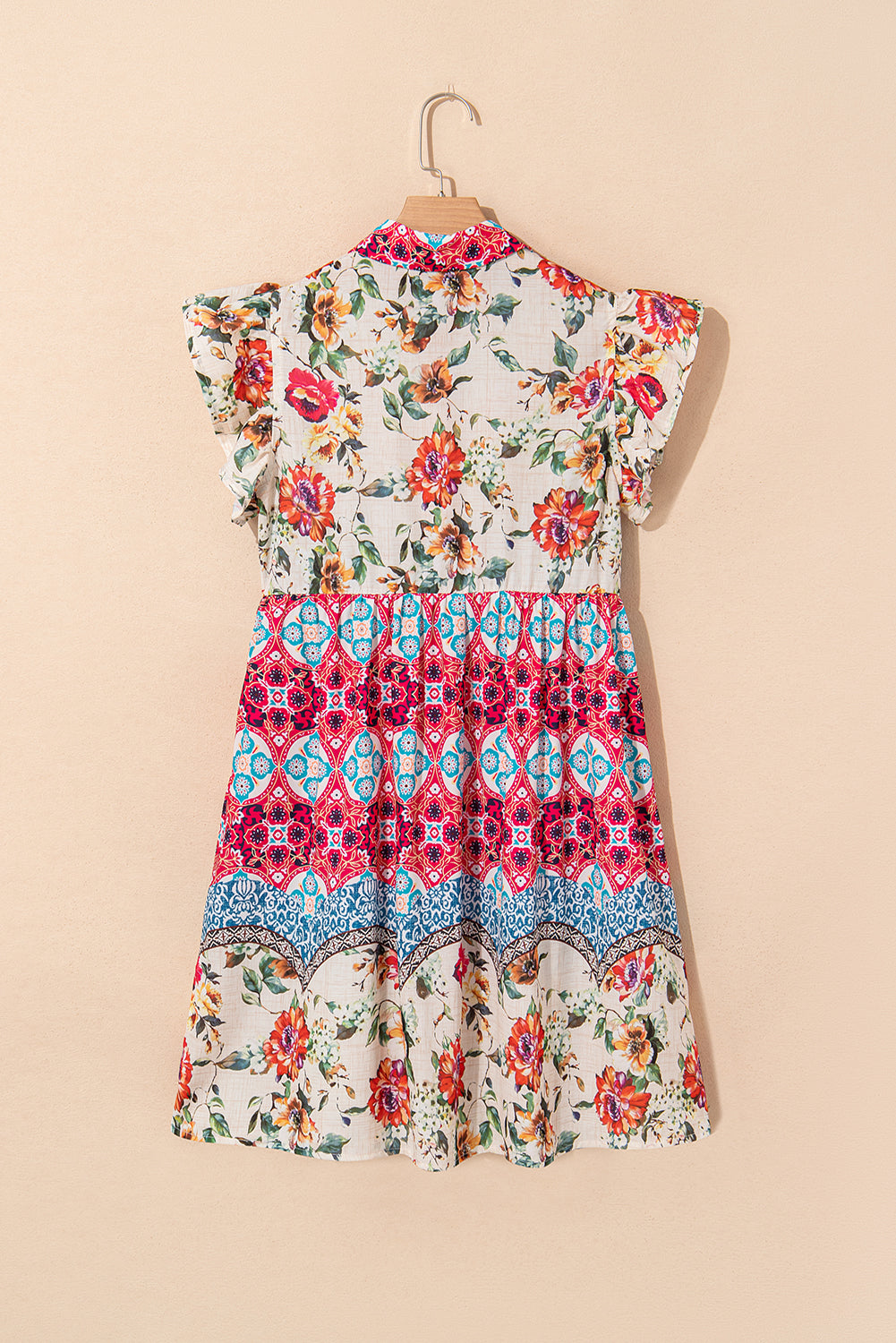 Rose Floral Ethnic Print Ruffle Mini Dress Shewin Short Dresses
