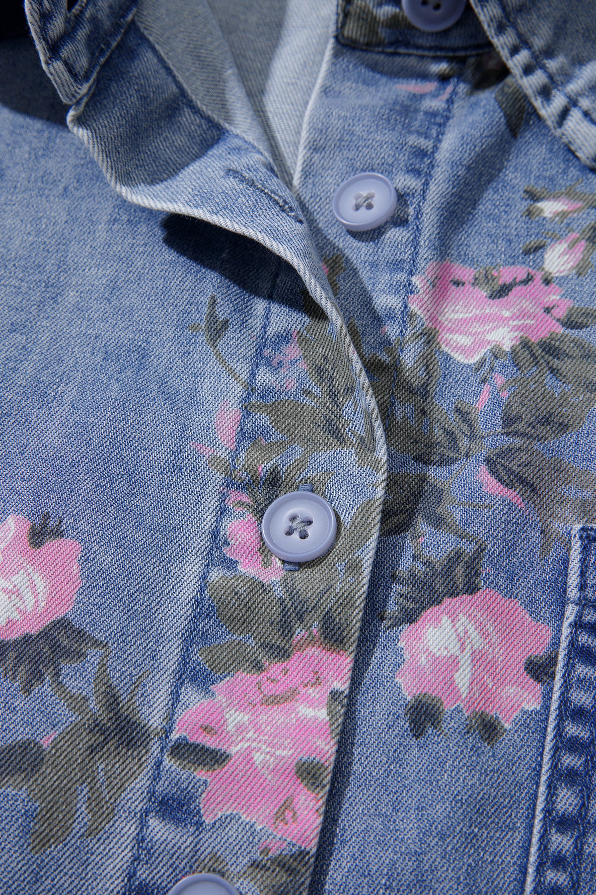 Blue Floral Denim Shirt – Bracelet Sleeve Lightweight Button Up Blouse
