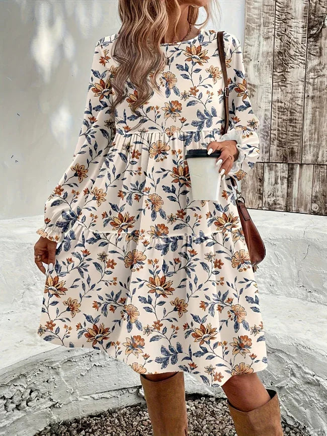 Round Neck Long Sleeve Tiered Empire Dress Bazaare Mart Round Neck Long Sleeve Tiered Empire Dress