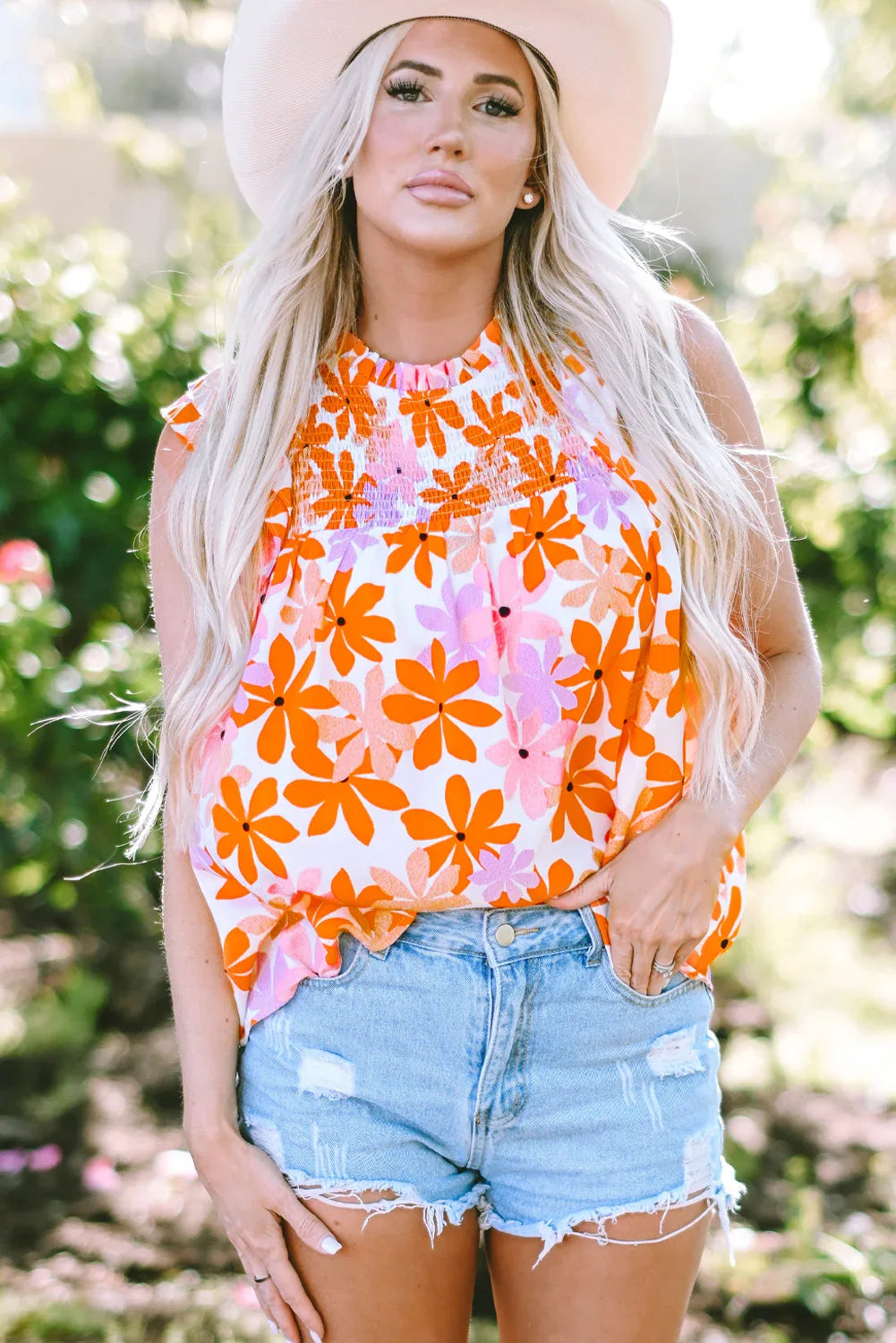 Orange Ruffled Sleeve Smocked Floral Top Bazaare Mart Tops