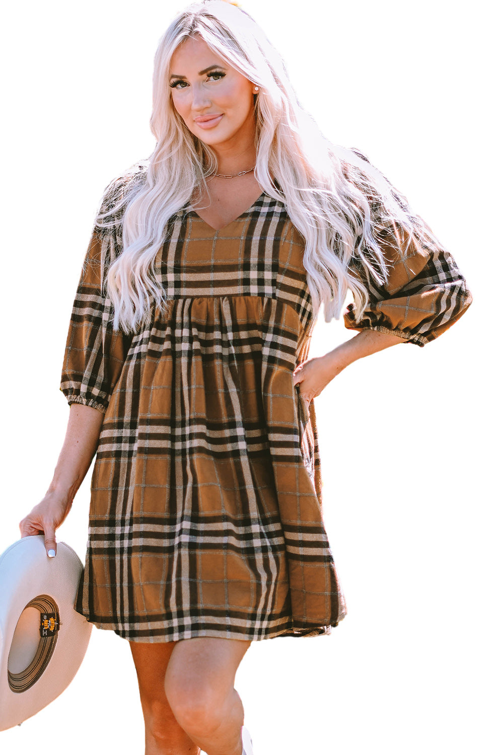 Brown Plaid Plus Size A Line Dress