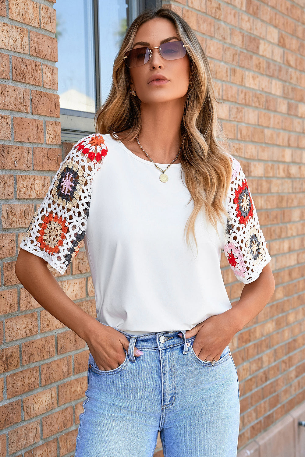 White Floral Crochet Half Sleeve Top