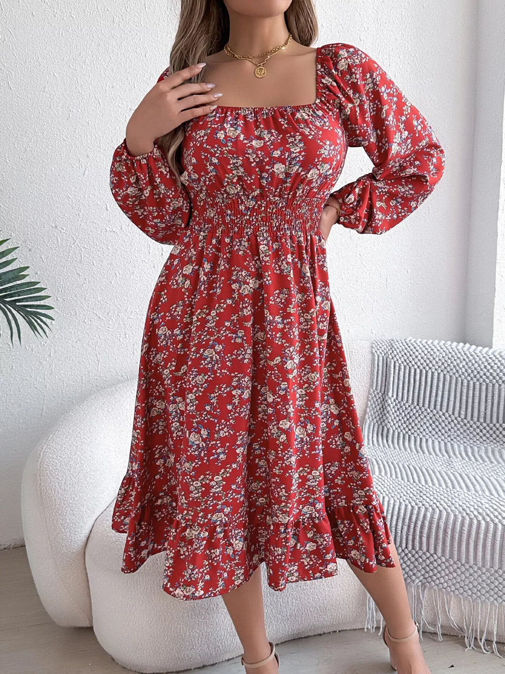 Floral Long Sleeve Square Neck Midi Dress Bazaare Mart Long Sleeve Floral Peasant Dress