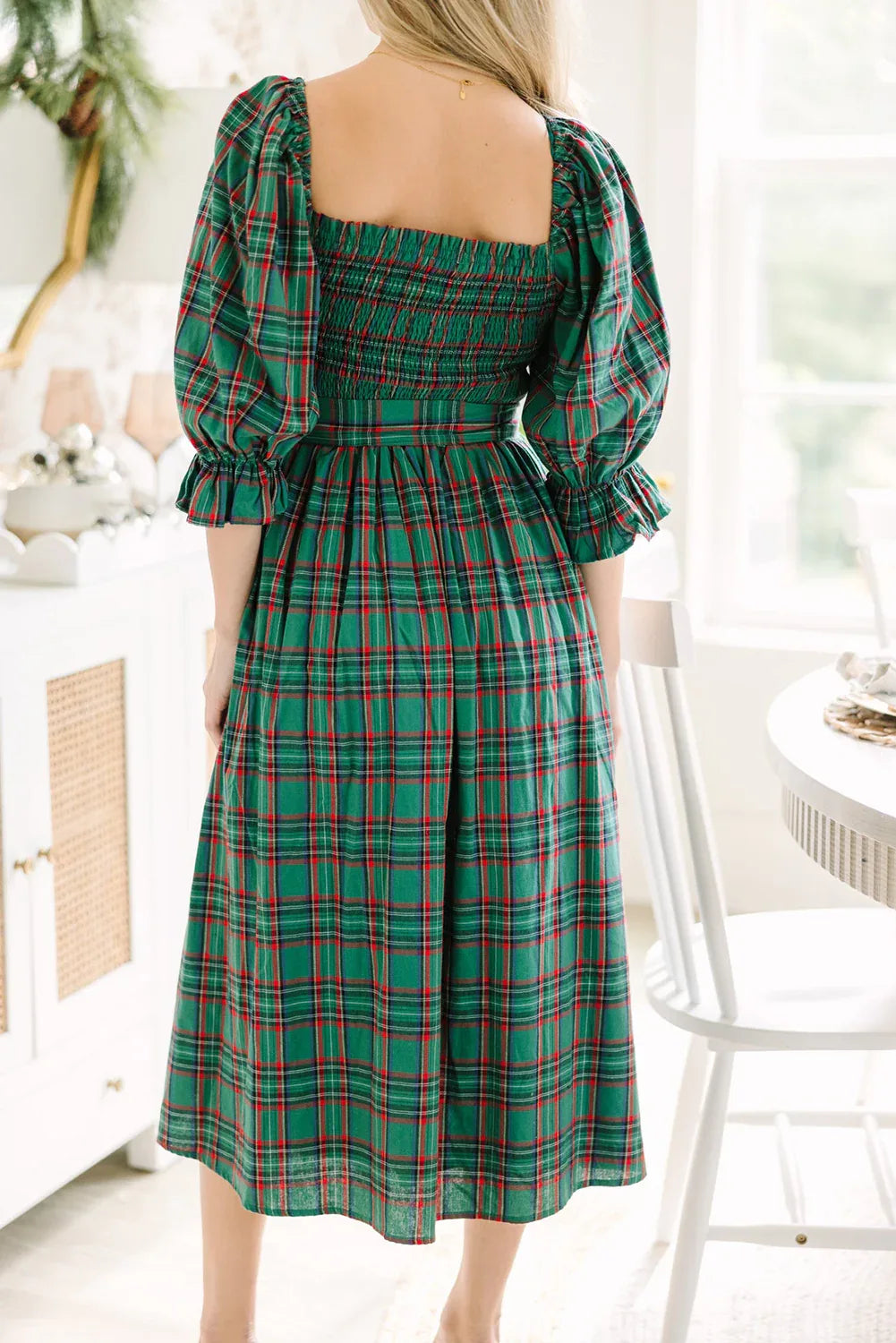 Tartan Plaid Square Neck Puff Sleeve Flared Midi Dress Bazaarre Mart Dresses/Maxi Dresses