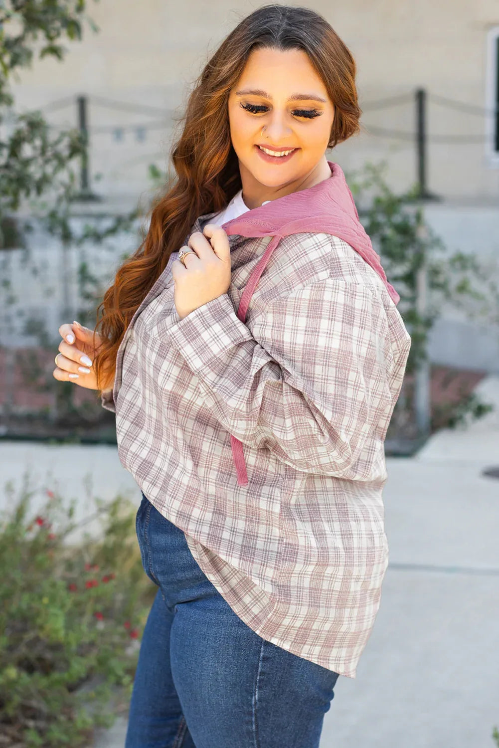 Pink Plaid Hooded Shirt Bazaare Mart Plus Size/Plus Size Tops/Plus Size Blouses & Shirts