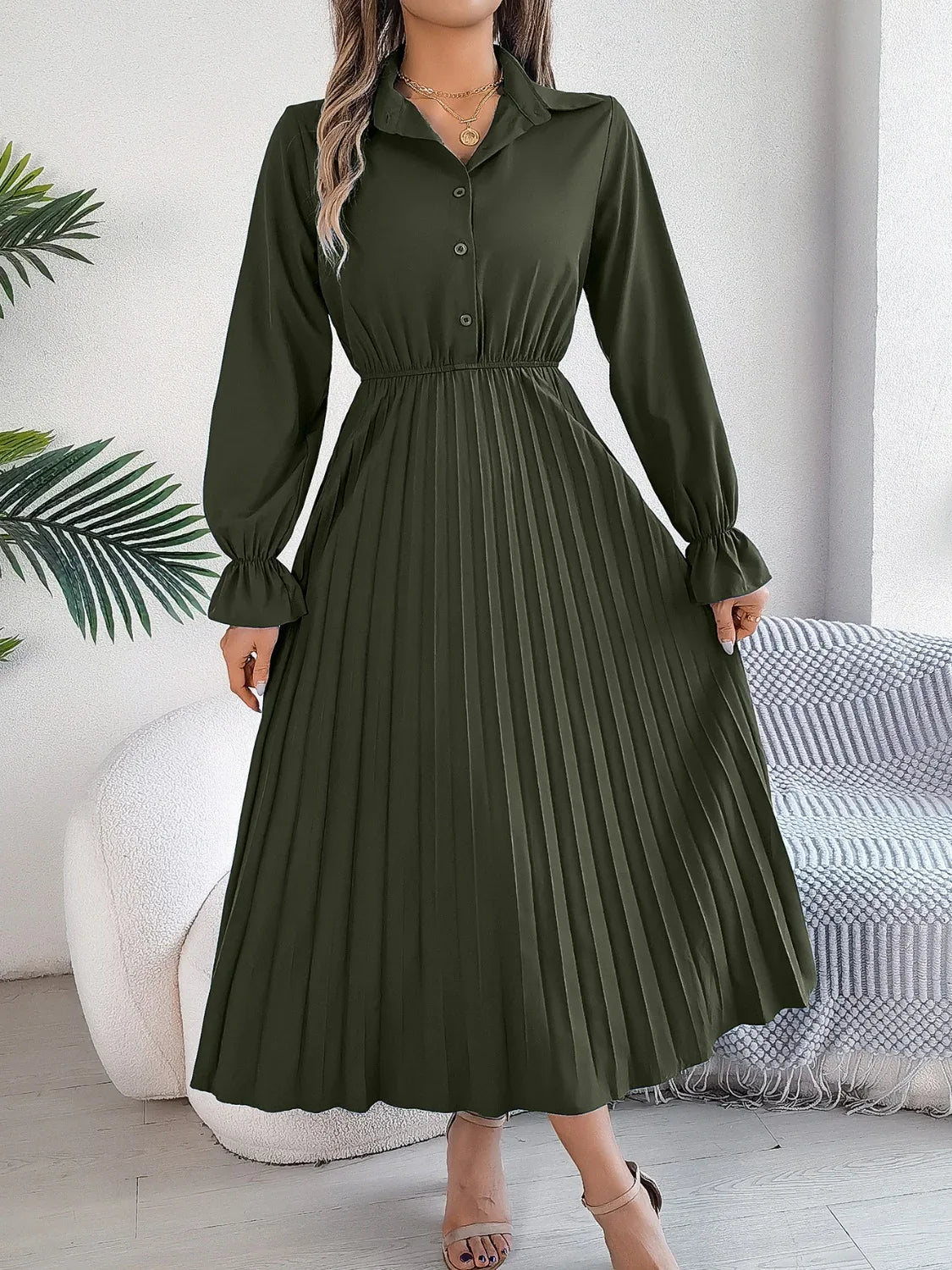 Pleated Half Button Long Sleeve Midi Dress Bazaare Mart Pleated Half Button Long Sleeve Midi Dress