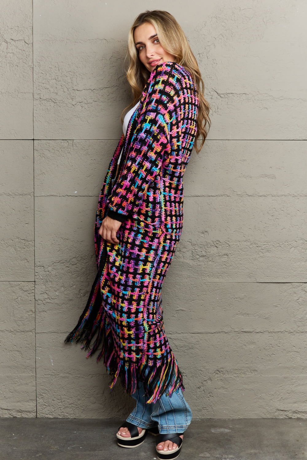 Multicolor Open Front Fringe Hem Duster Cardigan