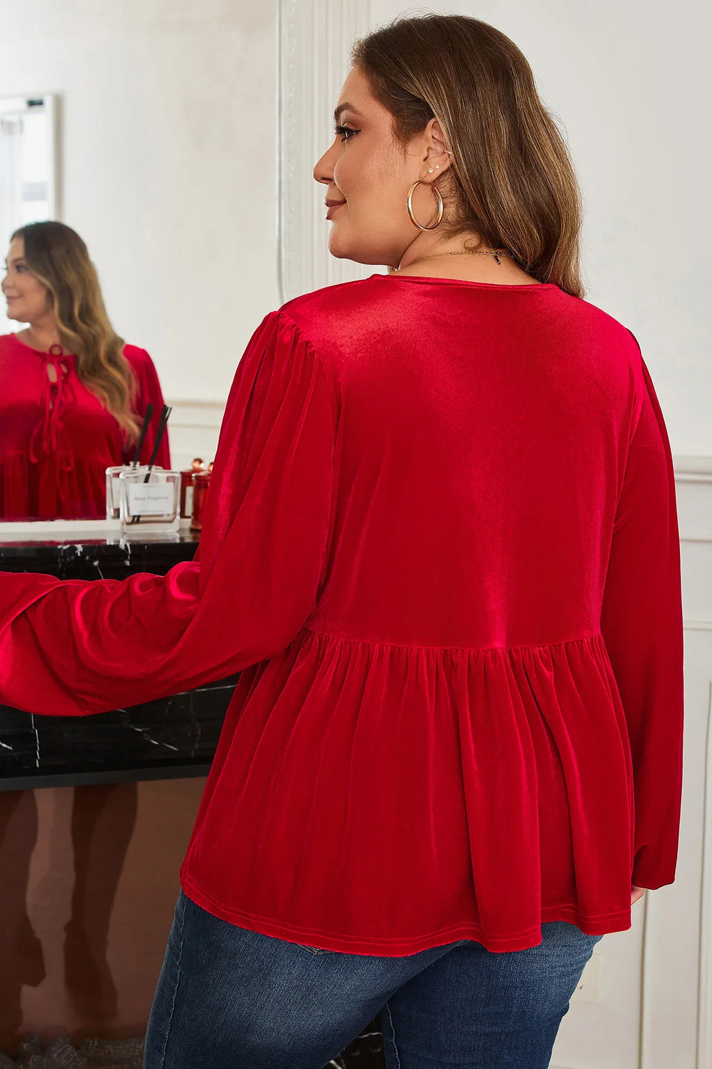 Red Tie Front Velvet Peplum Blouse Bazaare Mart Plus Size/Plus Size Tops/Plus Size Blouses & Shirts