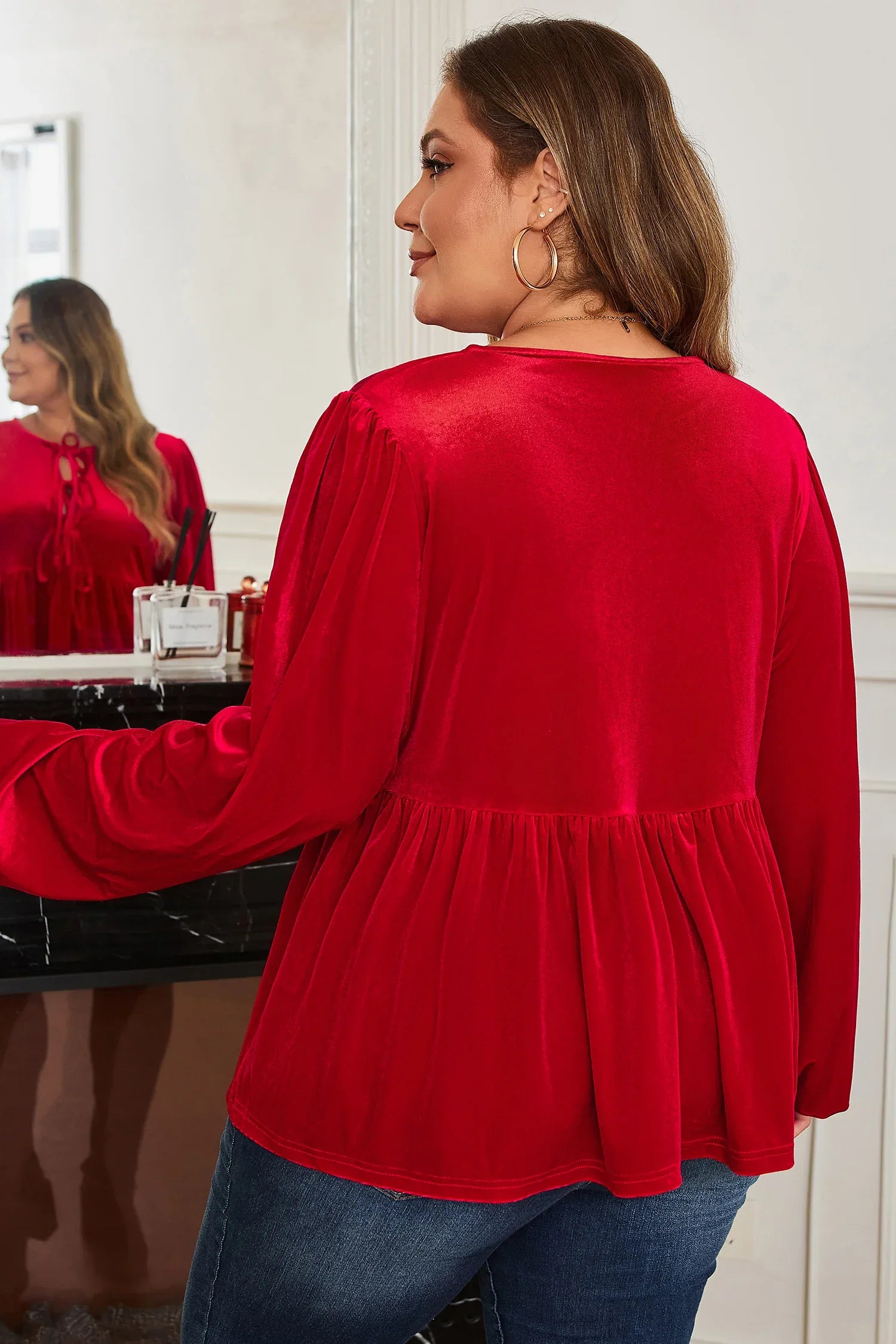 Red Tie Front Velvet Peplum Blouse Bazaare Mart Plus Size/Plus Size Tops/Plus Size Blouses & Shirts