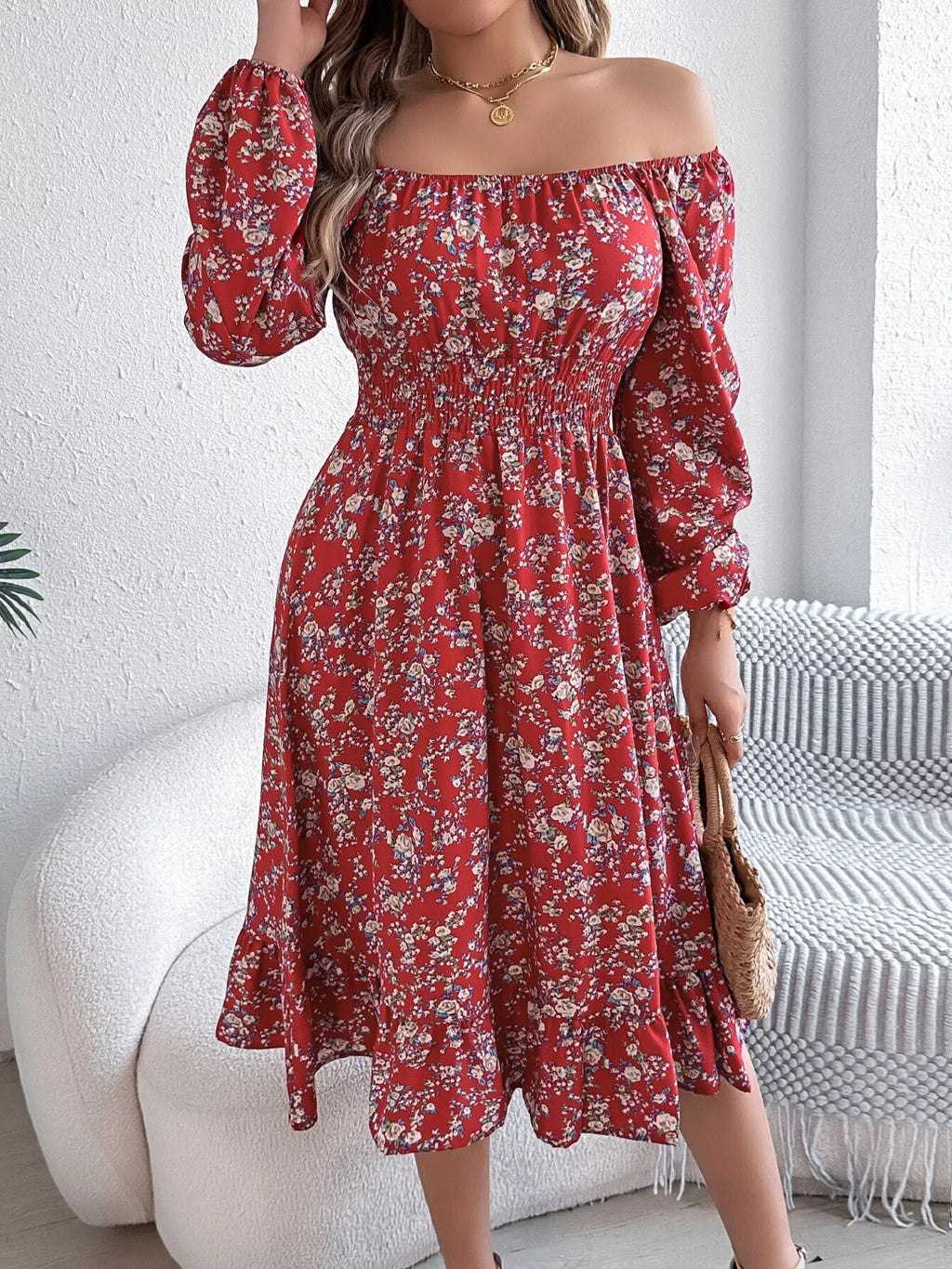 Floral Long Sleeve Square Neck Midi Dress Bazaare Mart Long Sleeve Floral Peasant Dress