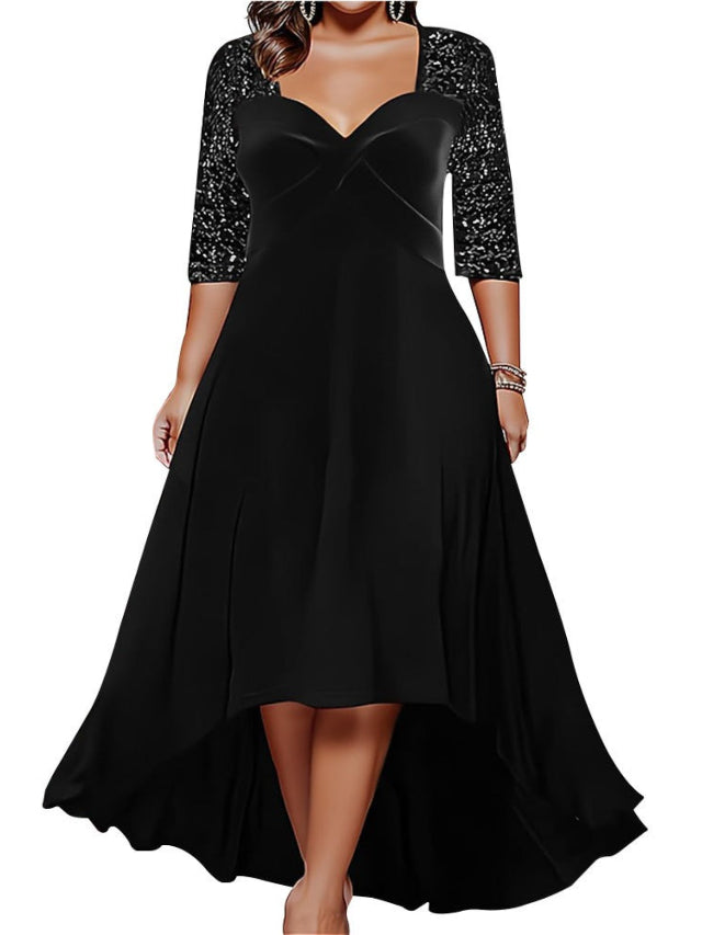 Elegant Sweetheart Neck 3/4 Sequin Sleeve Velvet High Low Midi Dress