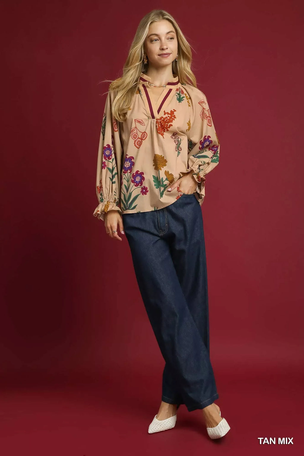 Umgee Floral Print Flounce Sleeve Blouse Trendsi Umgee Floral Print Flounce Sleeve Blouse