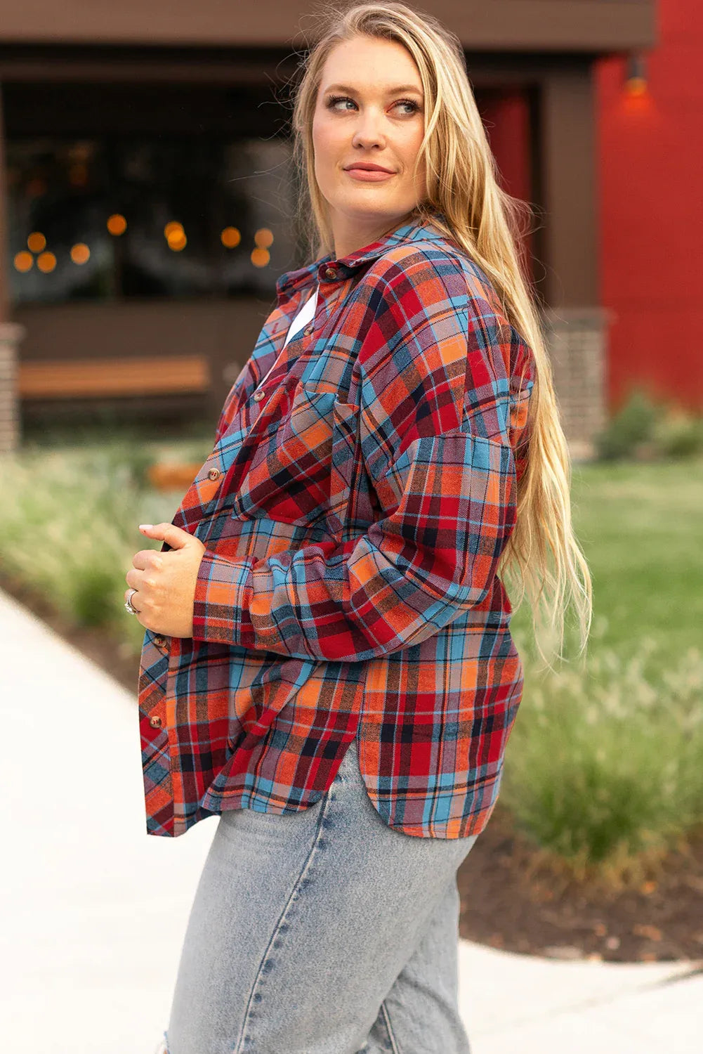 Orange Plus Size Plaid Print Buttoned Shirt Dear-Lover Dropshipping Plus Size/Plus Size Tops/Plus Size Blouses & Shirts