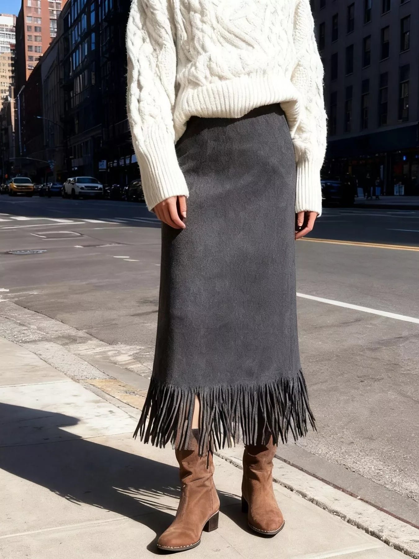 Suede Fringe Midi Skirt Dark Gray Trendsi Suede Fringe Midi Skirt