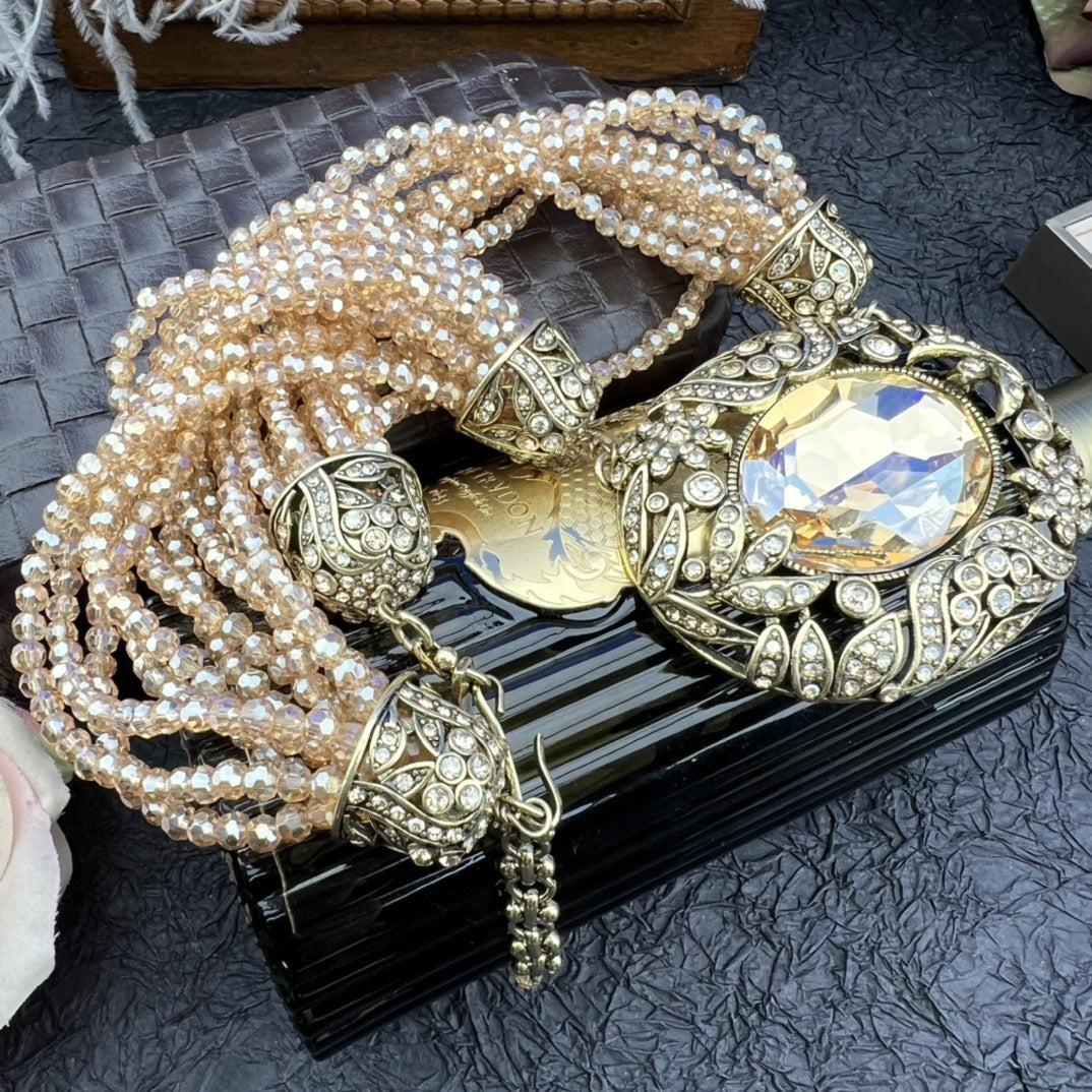 Vintage Giant Rhinestone Inlaid Multi Strand Pearl Necklace