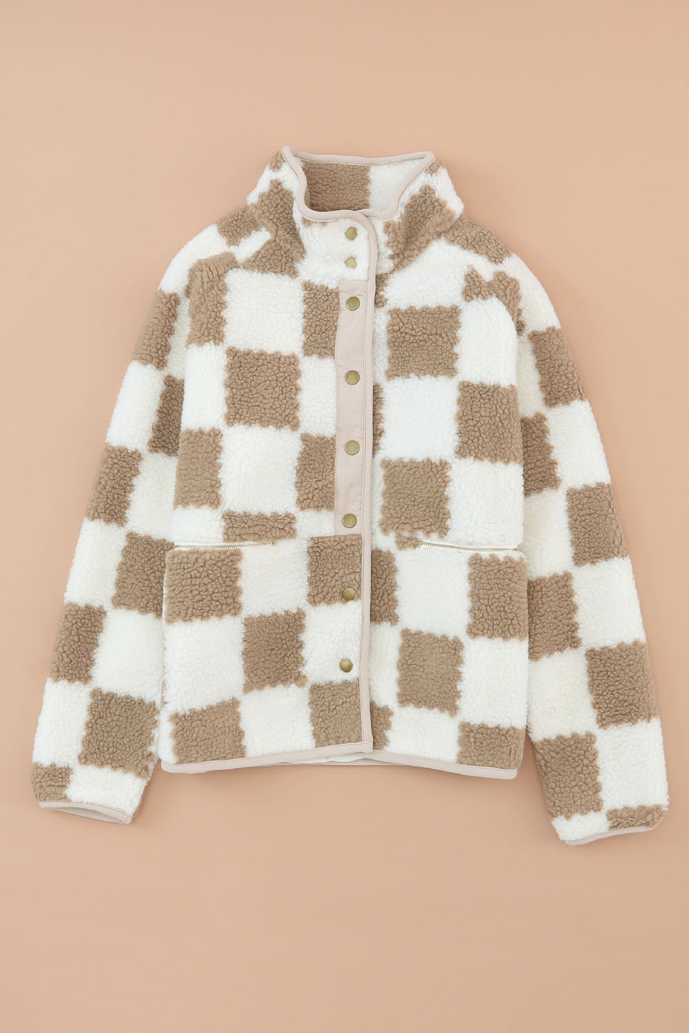 Brown Checked Snap Up Sherpa Jacket