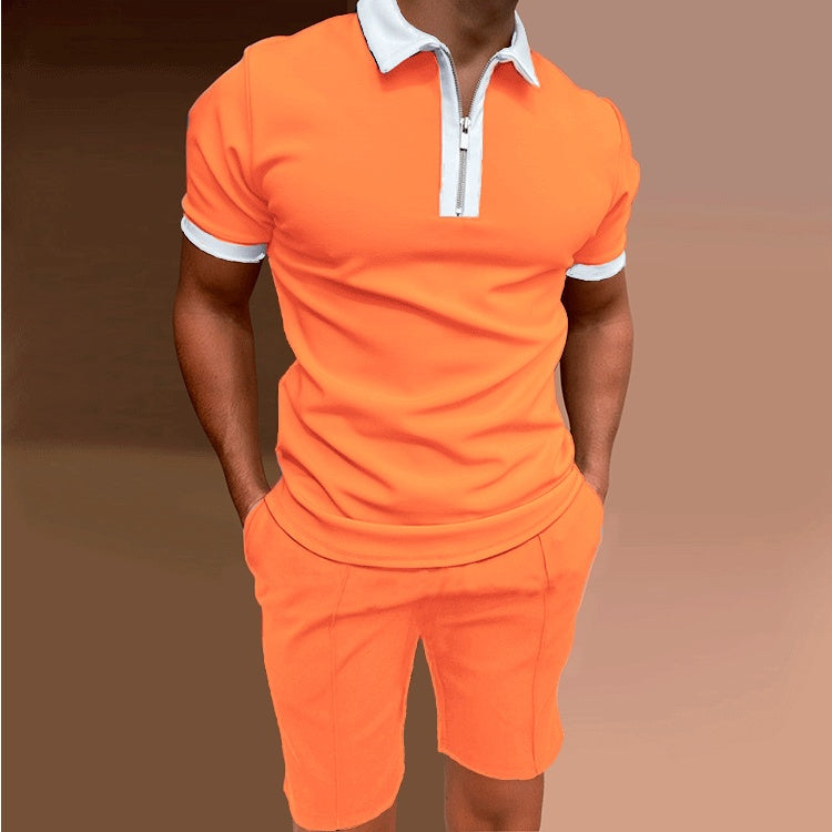 Orange Slim-fit Zip Polo Shorts Set