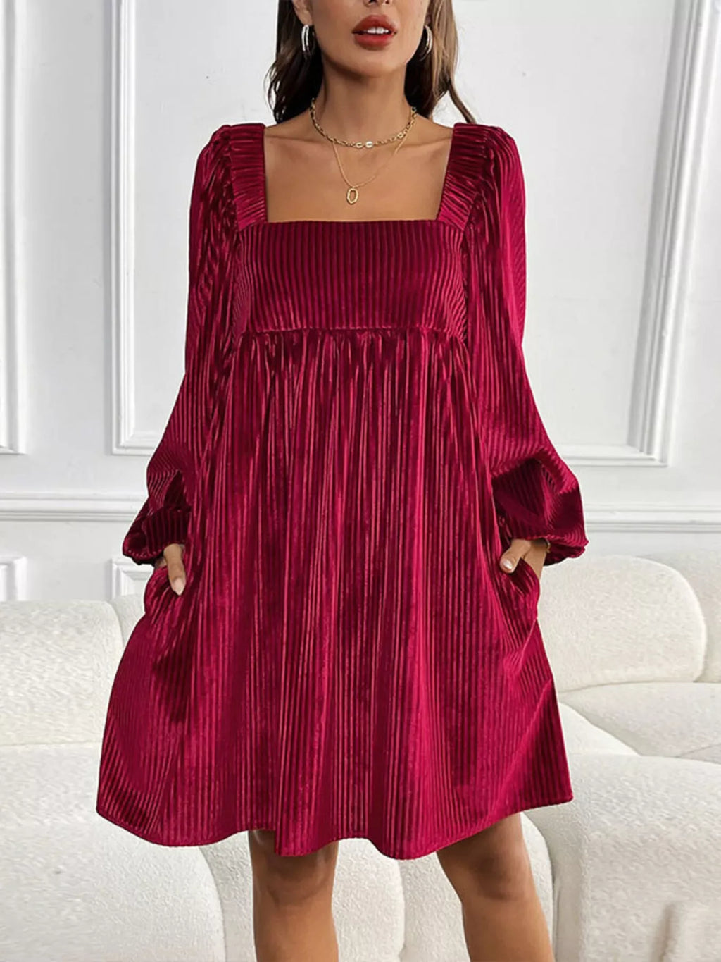 Textured Velvet Square Neck Long Sleeve Dress Bazaare Mart Long Sleeve Square Neck Velvet Dress