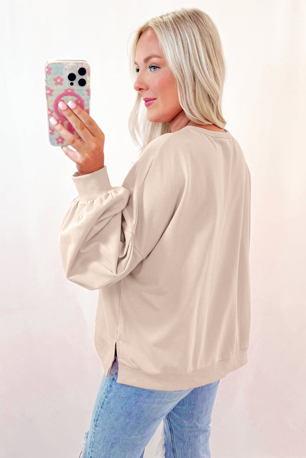 Parchment Embroidered Bow Lantern Sleeve Sweatshirt