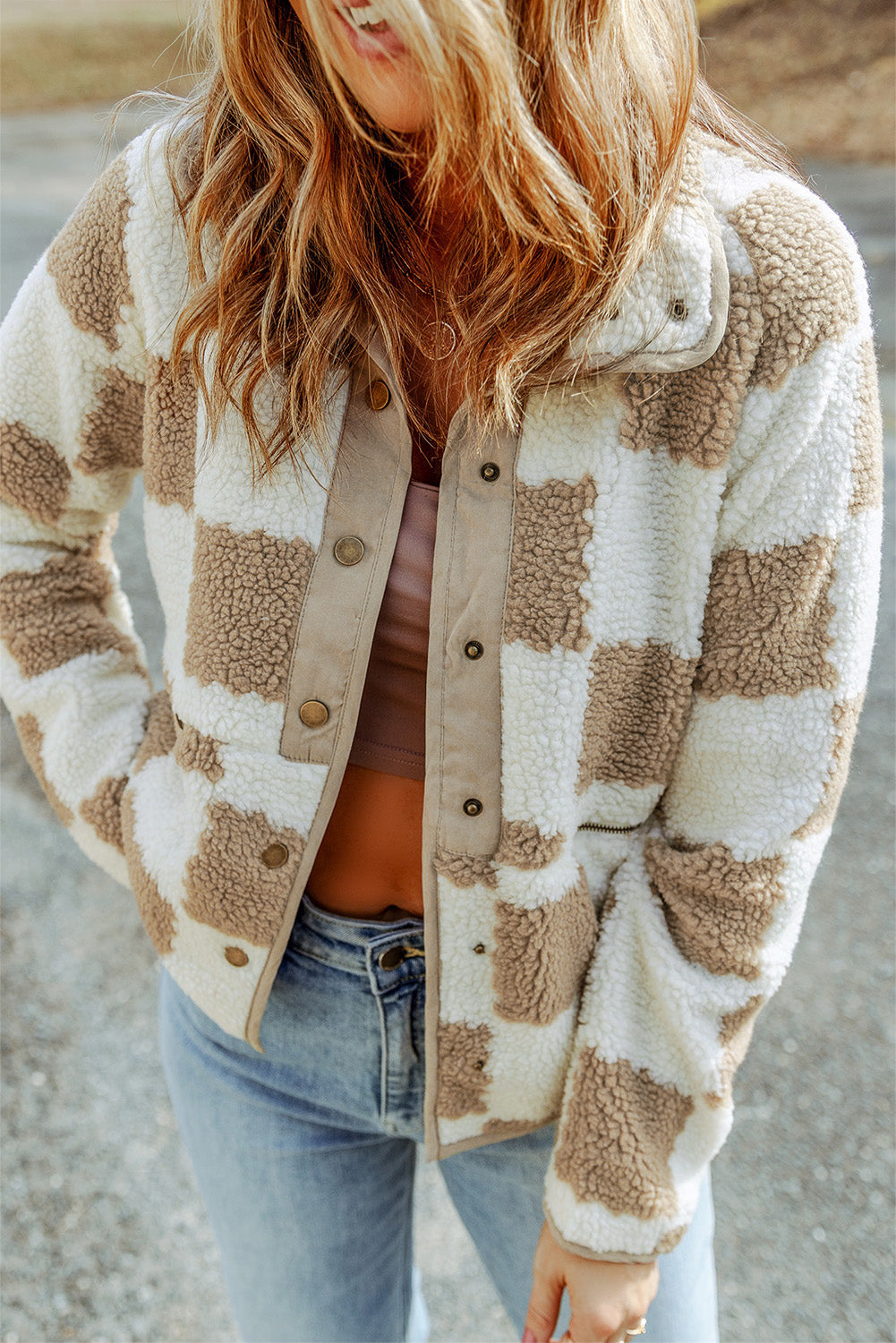 Brown Checked Snap Up Sherpa Jacket