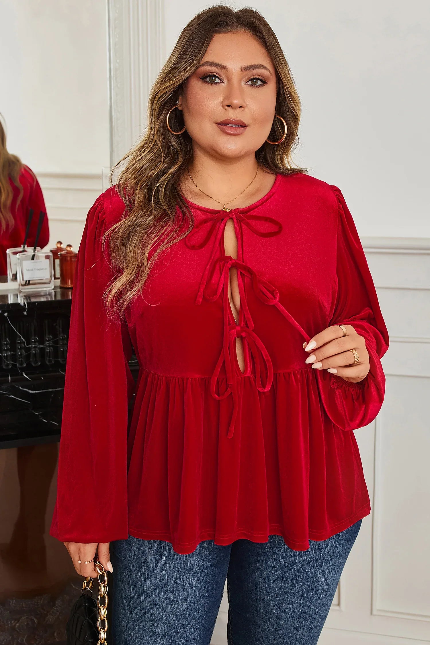 Red Tie Front Velvet Peplum Blouse Red Clay 100%Polyester Bazaare Mart Plus Size/Plus Size Tops/Plus Size Blouses & Shirts