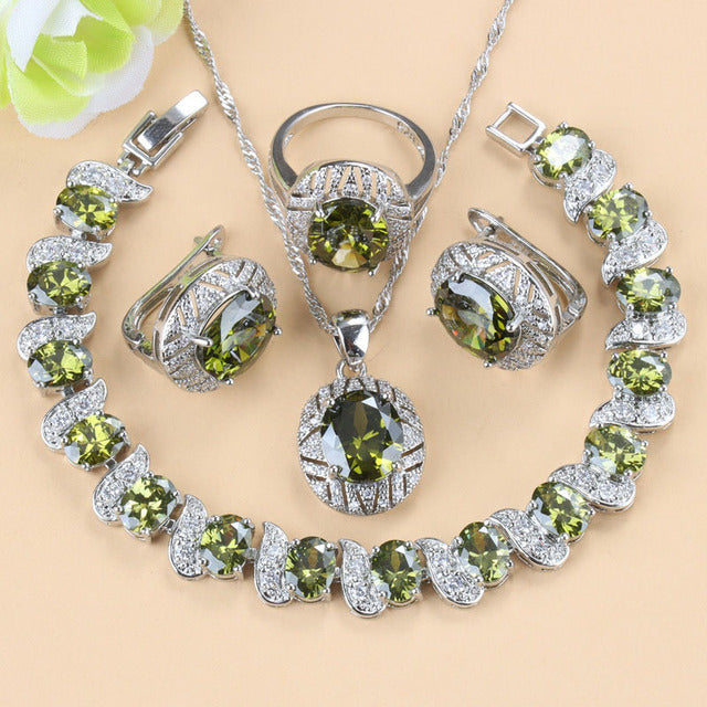 Gem-inlaid Pendant Earrings Necklace And Four-piece Ring Set Pack