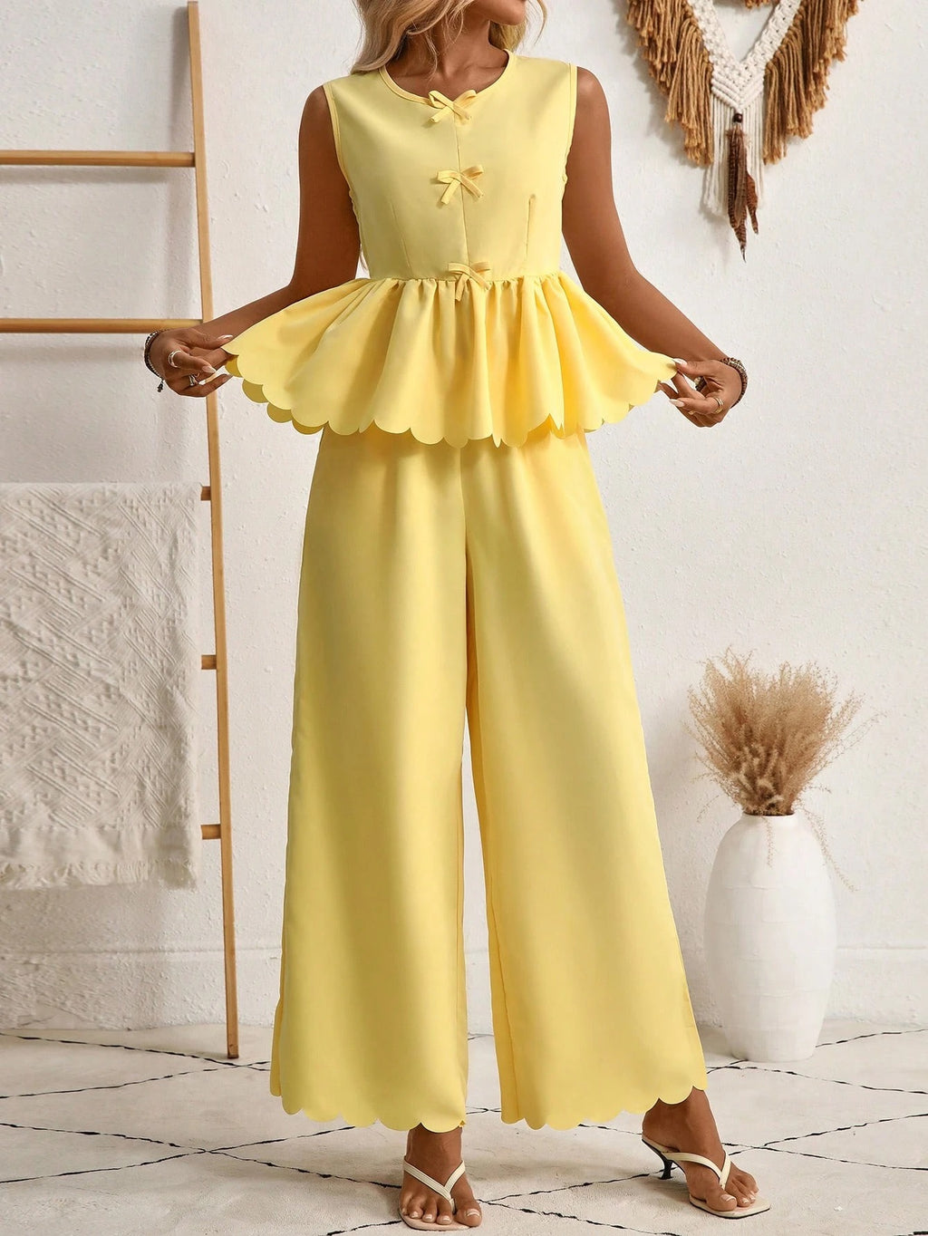 Yellow Two-Piece Wide Leg Pants Set – Scalloped Hem Bow Detail Women’s Outfit CJ Dropshipping Pants Outfit