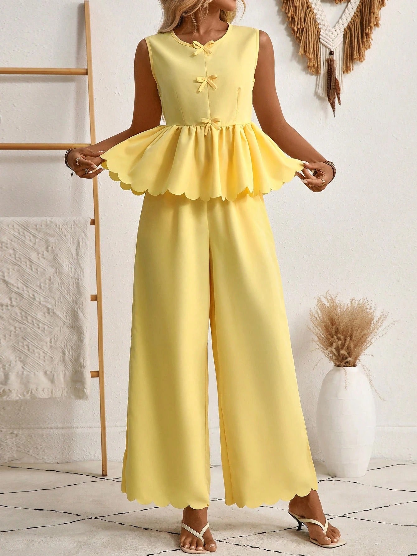 Yellow Two-Piece Wide Leg Pants Set – Scalloped Hem Bow Detail Women’s Outfit CJ Dropshipping Pants Outfit