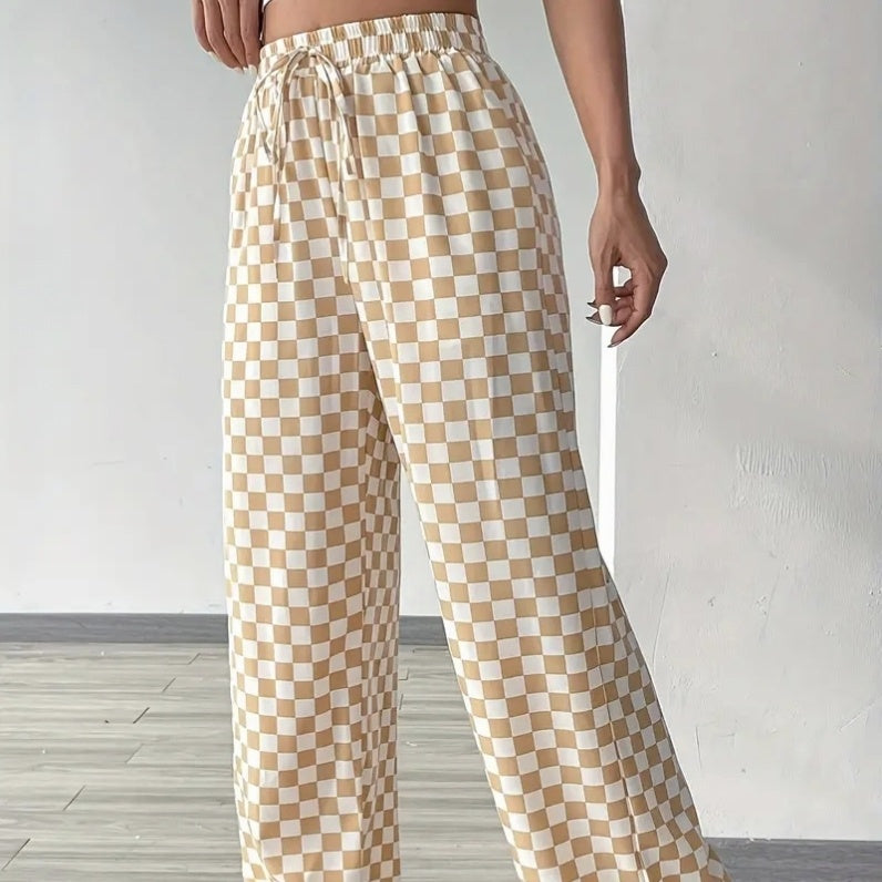 Beige Checkerboard Drawstring High Waisted Wide Leg Pants