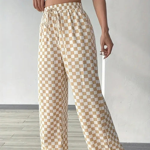 Beige Checkerboard Drawstring High Waisted Wide Leg Pants Bazaare Mart Beige Checkered Pants
