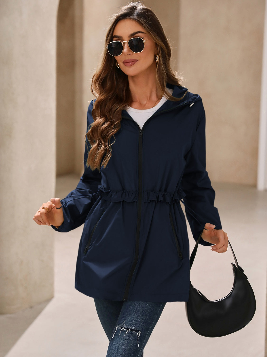 Waterproof Gathered Waist Hooded Jacket