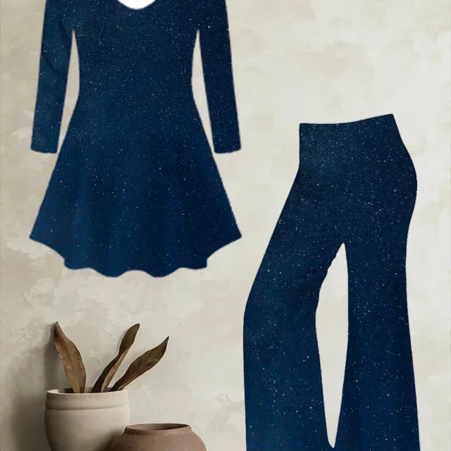 Navy Blue Glitter Two-Piece Pants Set Mixed Color Bazaare Mart 2pc Pants Set