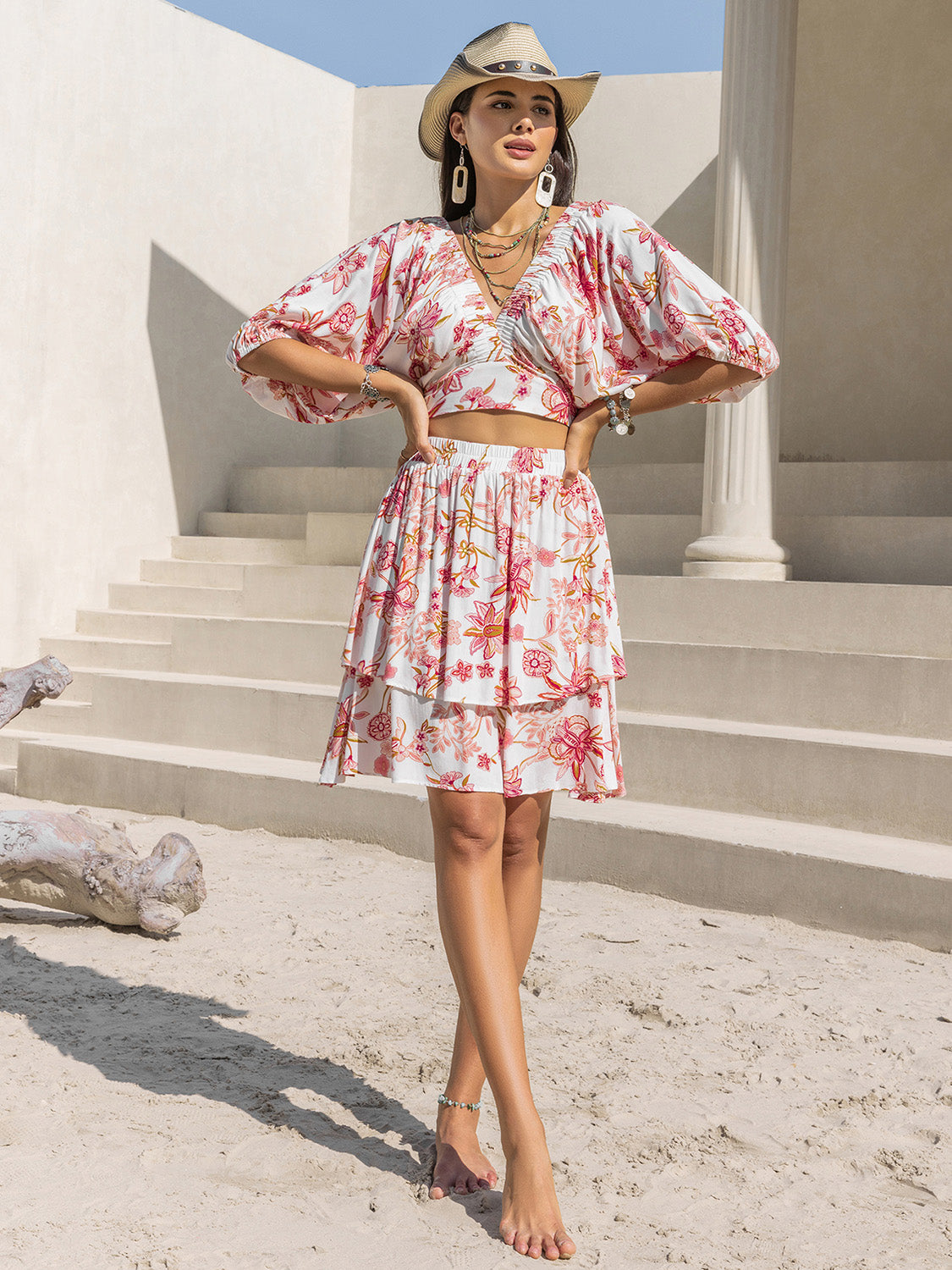 White & Red Floral Layered Skirt Set