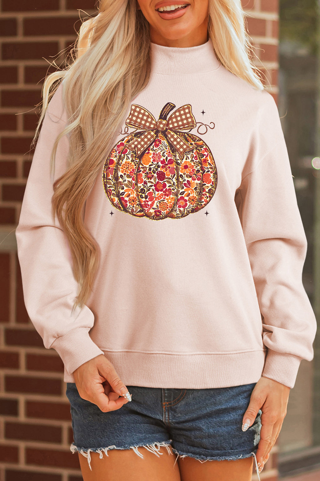 Floral Pumpkin Graphic Mock Neck Oversized Sweatshirt