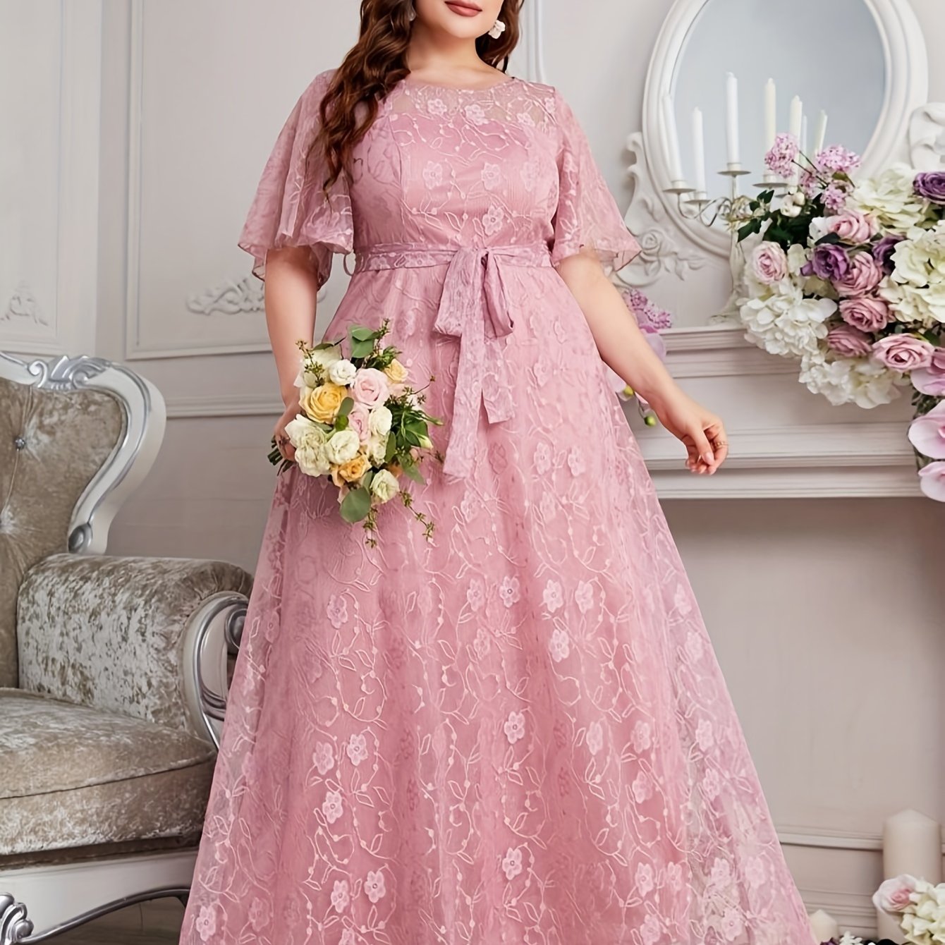 Elegant High Waist Lace Round Neck Half Flutter Sleeve Solid Color Formal Floor Length Dress