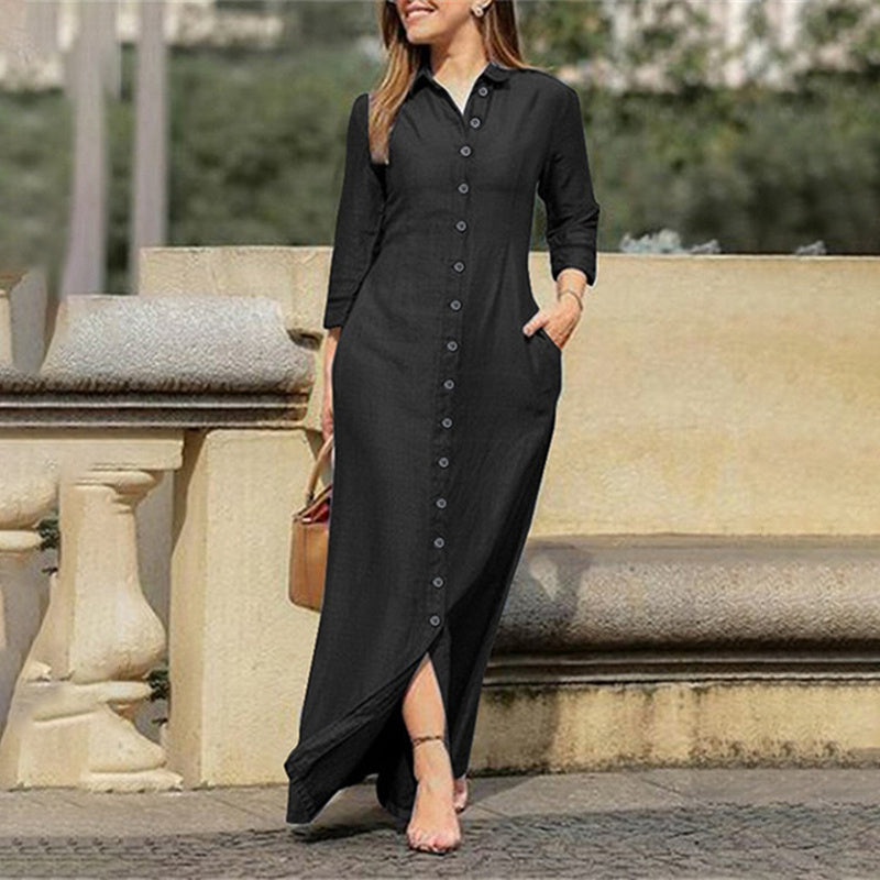 Button Down Denim Maxi Dress with Pockets