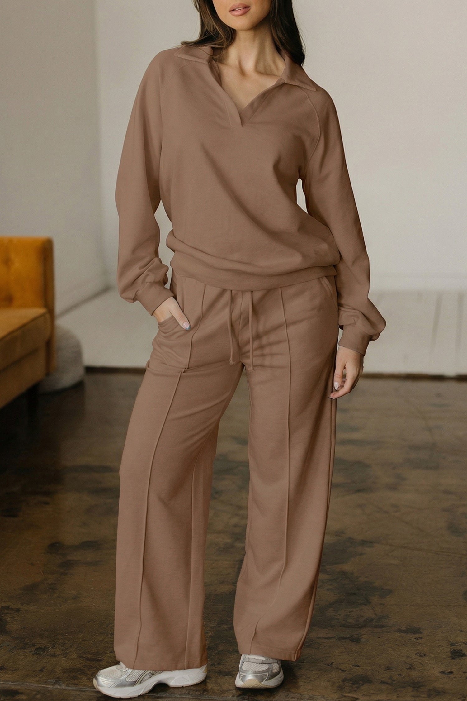 Polo Collar V Neck Pullover and Drawstring Sweatpants Set Bazaare Mart Two Piece Sets/Pant Sets