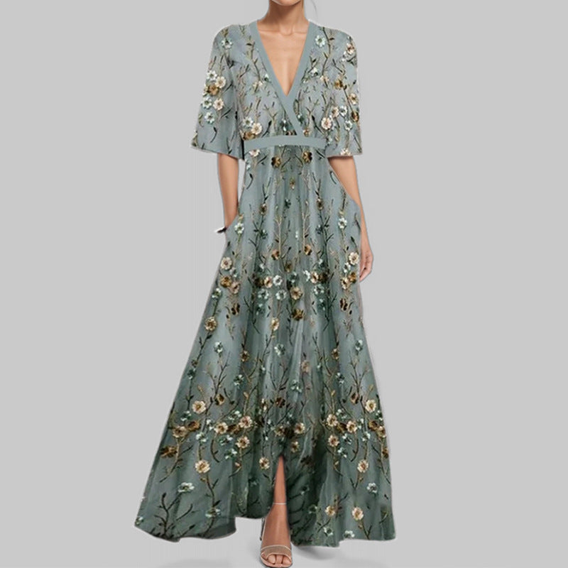 Classy Floral 3/4 Sleeve Peplum V-neck Maxi Dress Gray CJ Dropshipping Elegant Floral Maxi Dress