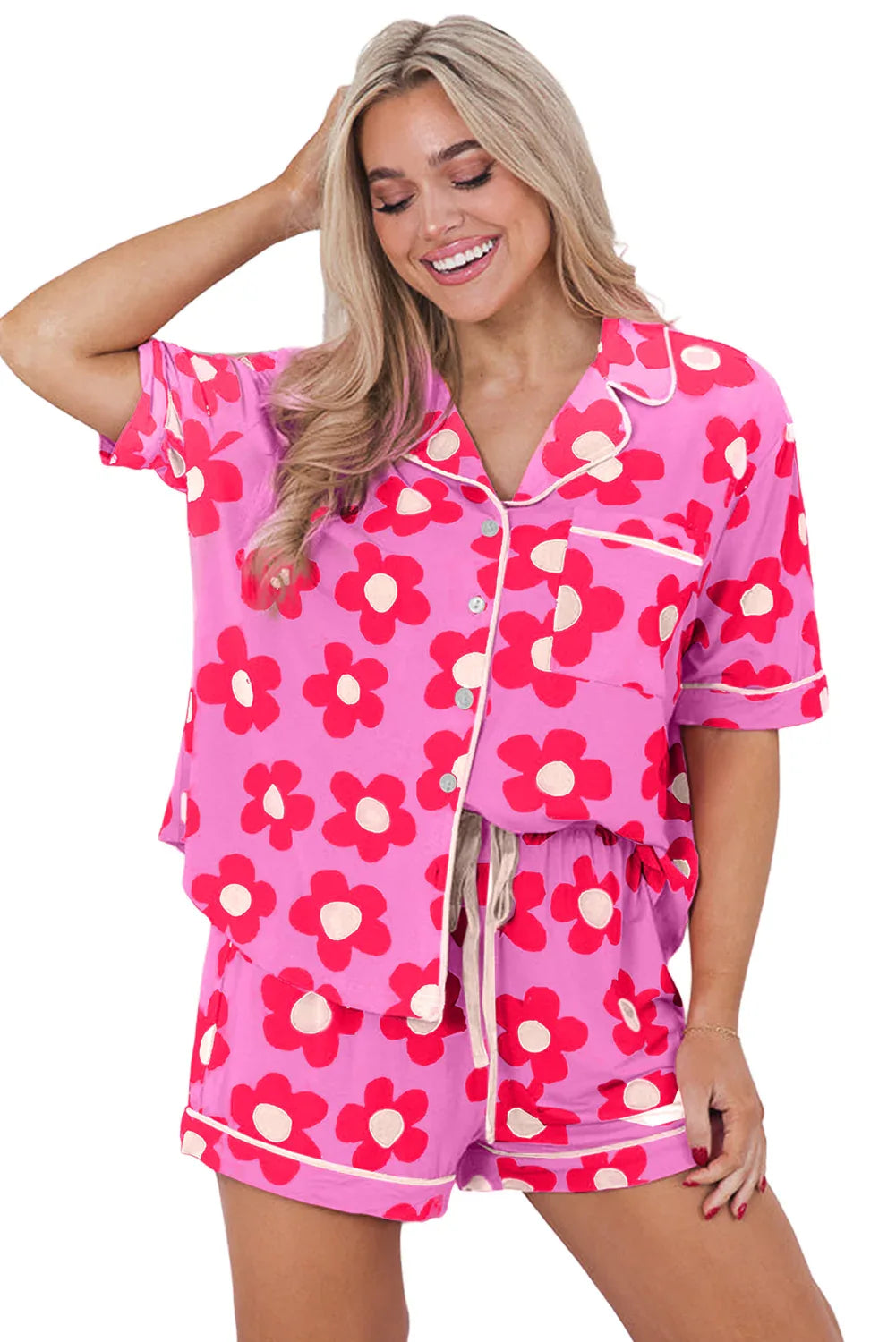 Pink Flower Print Short Sleeve Shirt Pajamas Set Dear-Lover Loungewear & Sleepwear/Sleepwear