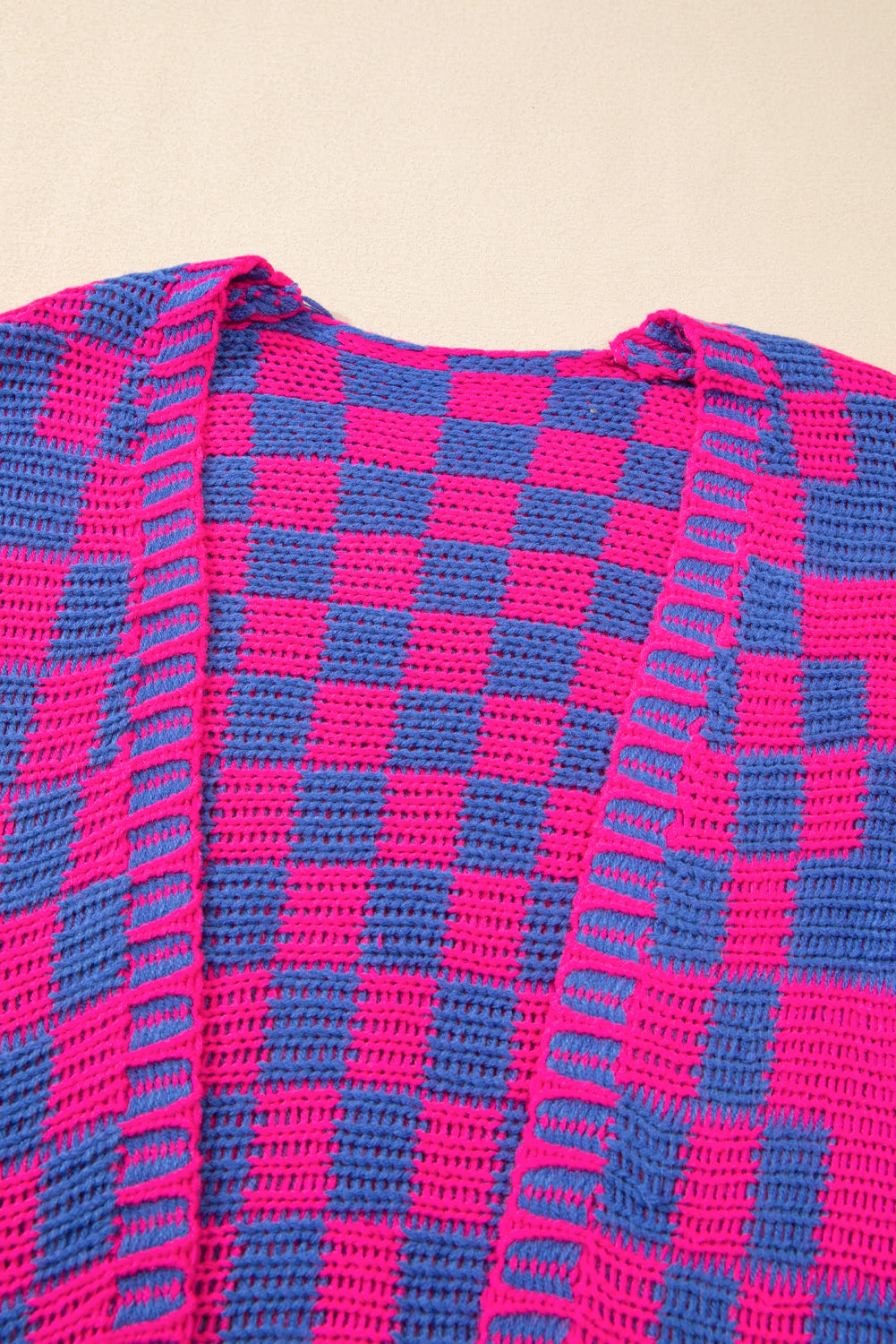 Magenta Colorblock Checked Open Front Knitted Cardigan