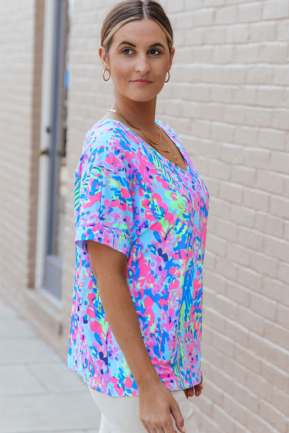 Multicolor Printed 3/4 Sleeve Split Neck Plus Size Tunic Top