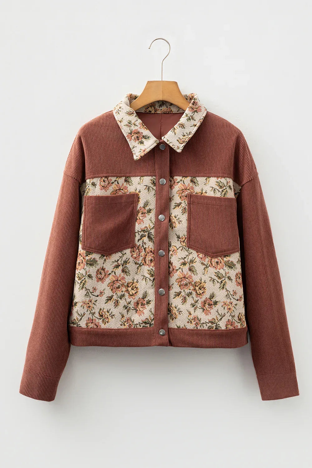 Clay Ribbed Retro Floral Patchwork Shirt Style Jacket Bazaarre Mart Outerwear/Jackets