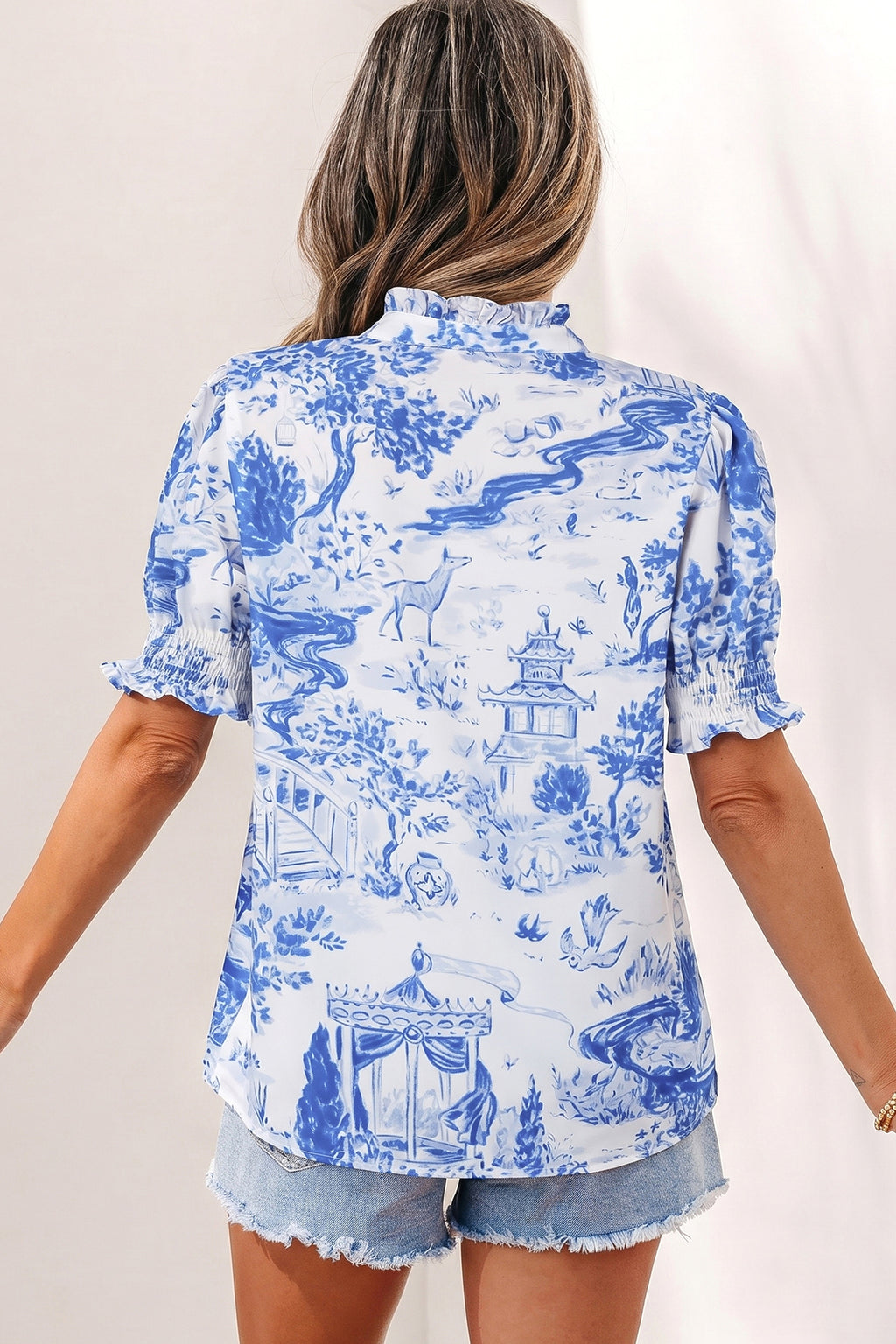 Blue Toile Print Smocked Puff Sleeve Blouse Dear-Lover Dropshipping Tops/Blouses & Shirts