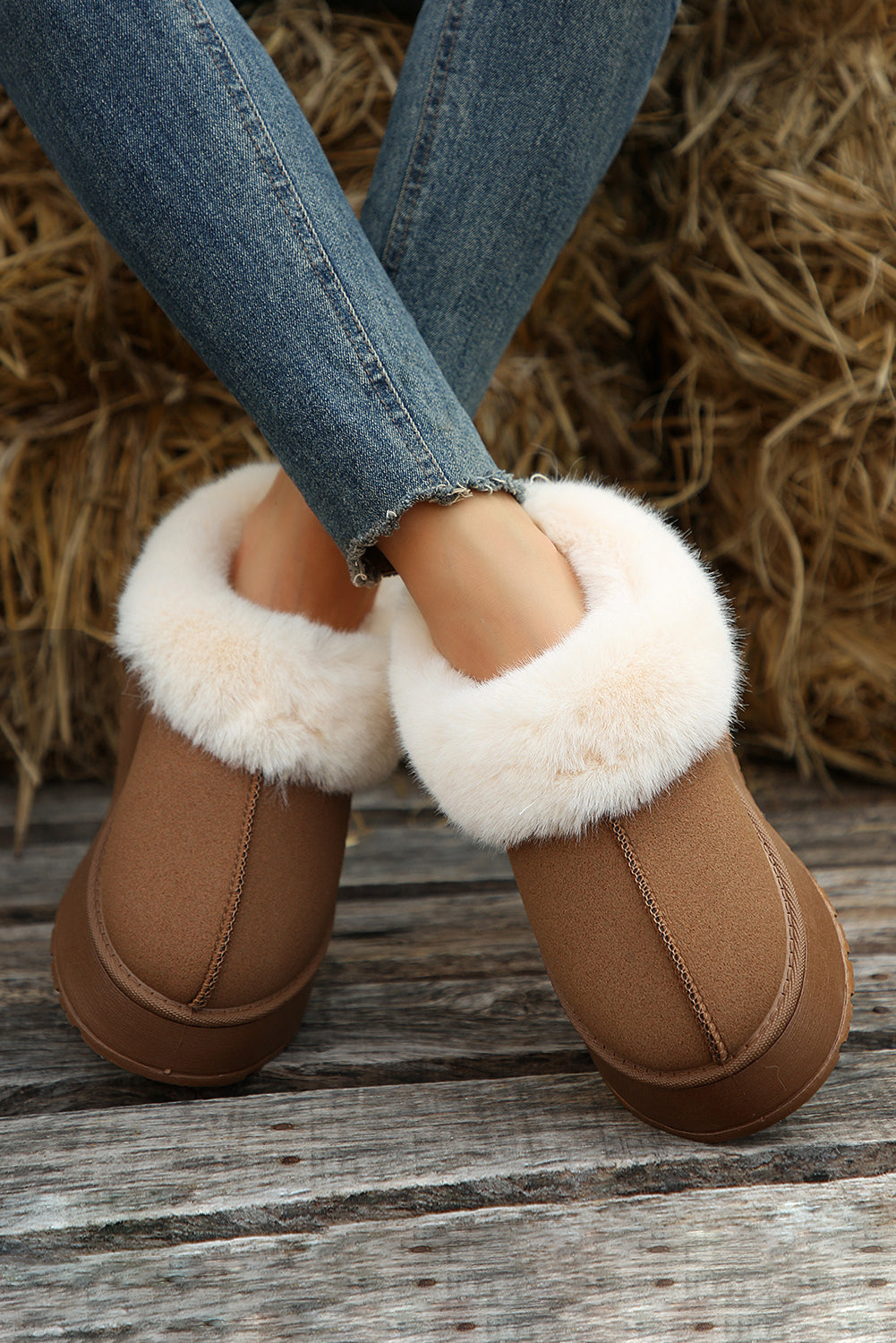 Suede Fur Trim Thick Flat Slippers