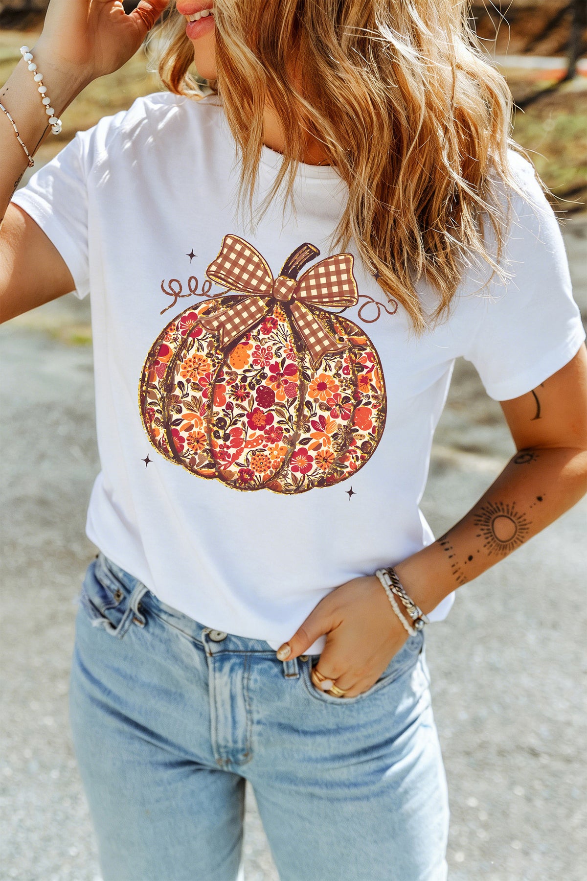 White Floral Pumpkin Gingham Bow Graphic T-Shirt