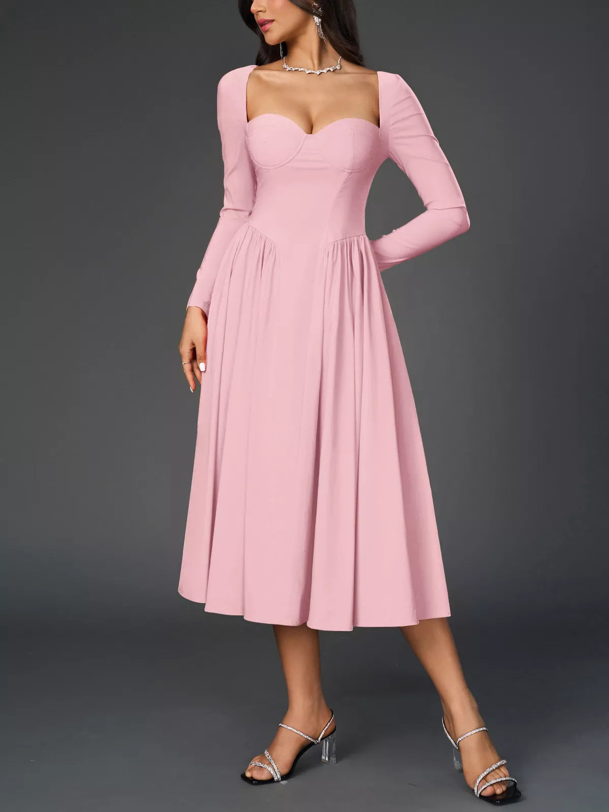 Sweetheart Neckline Long Sleeve A-Line Midi Dress Trendsi Sweetheart Neckline Long Sleeve A-Line Midi
