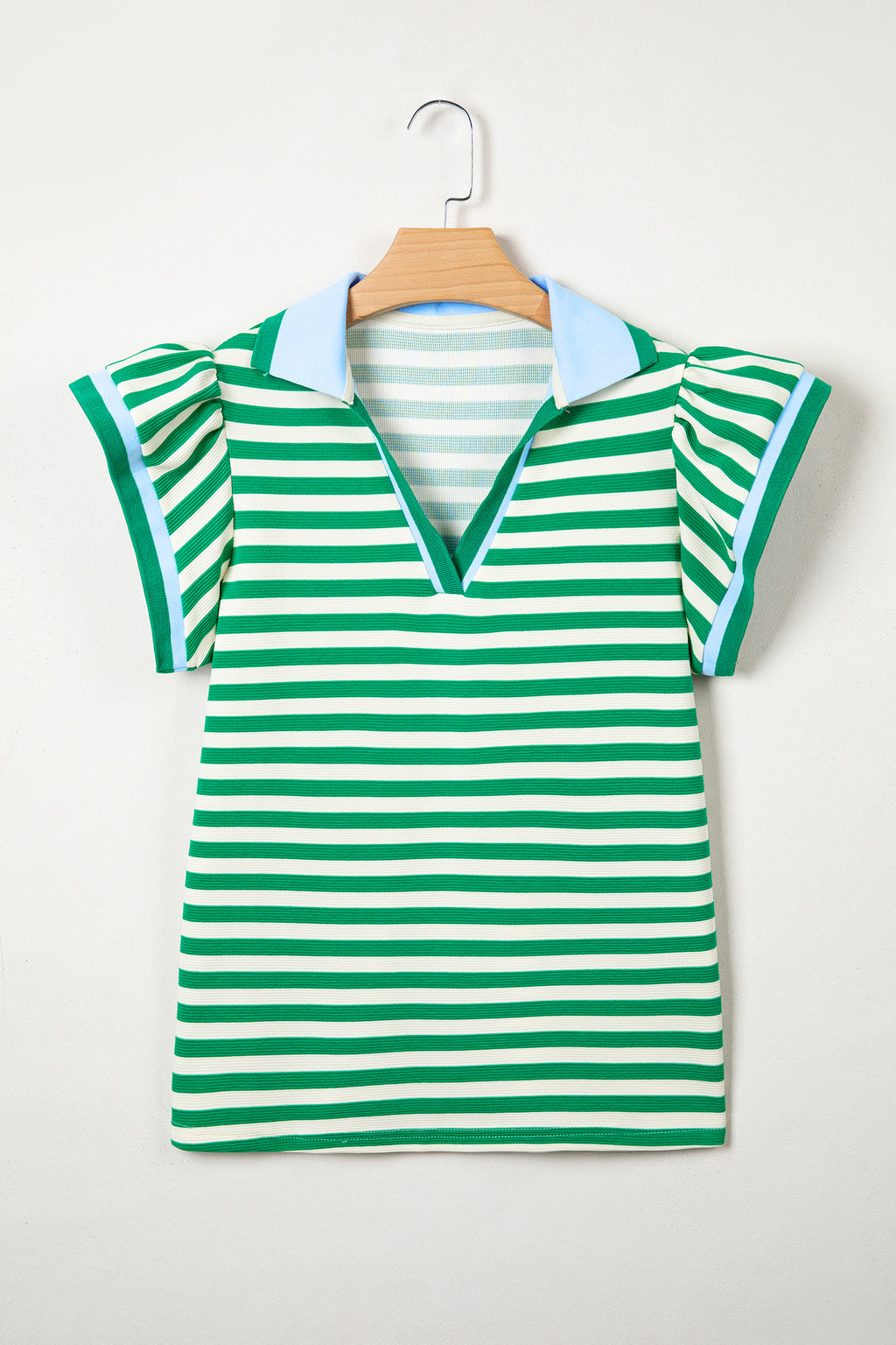 Striped Polo Collar Blouse – Contrast Trim Ruffle Sleeve Casual Women’s Top Dear-Lover Dropshipping Tops/Blouses & Shirts