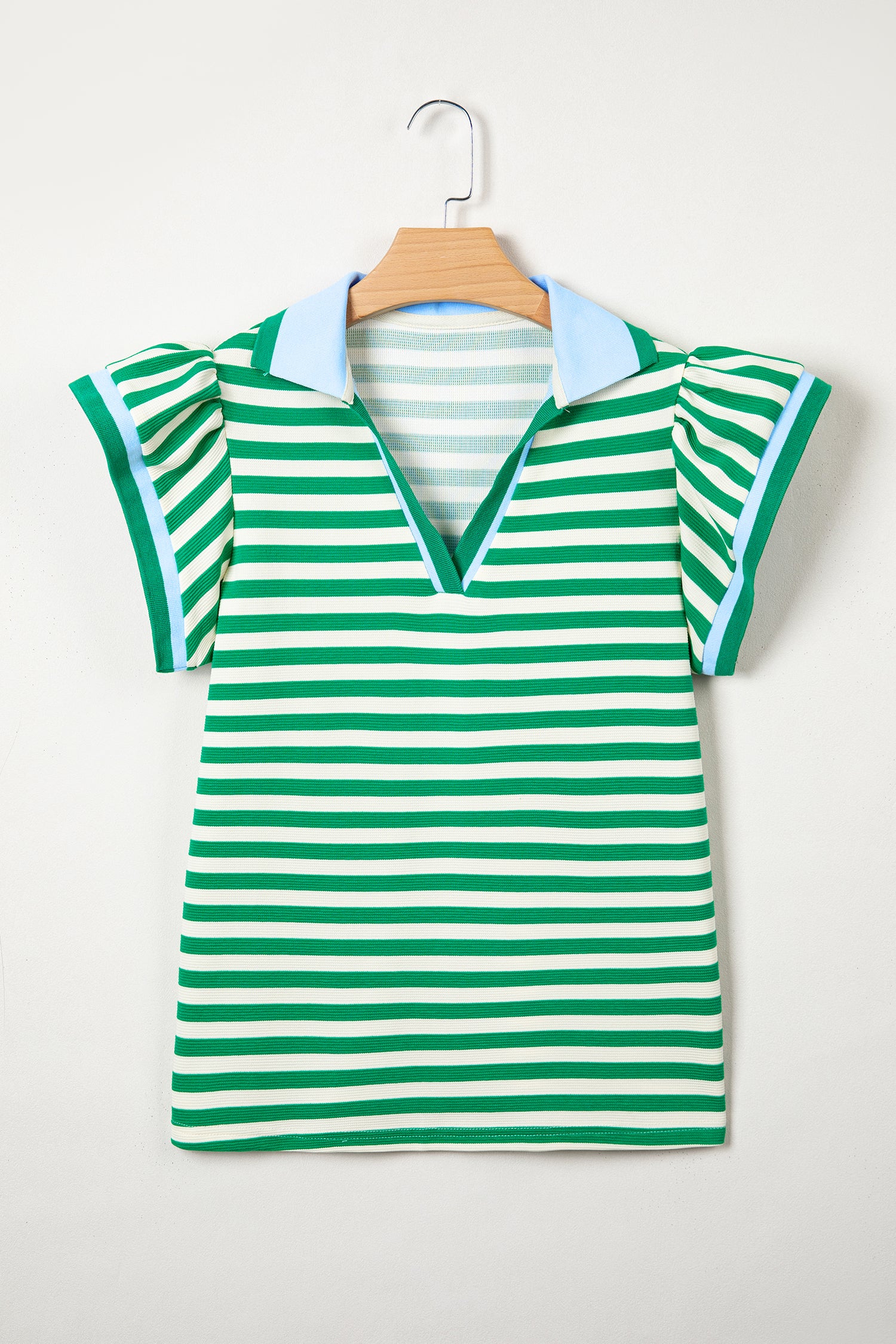 Striped Polo Collar Blouse – Contrast Trim Ruffle Sleeve Casual Women’s Top Dear-Lover Dropshipping Tops/Blouses & Shirts