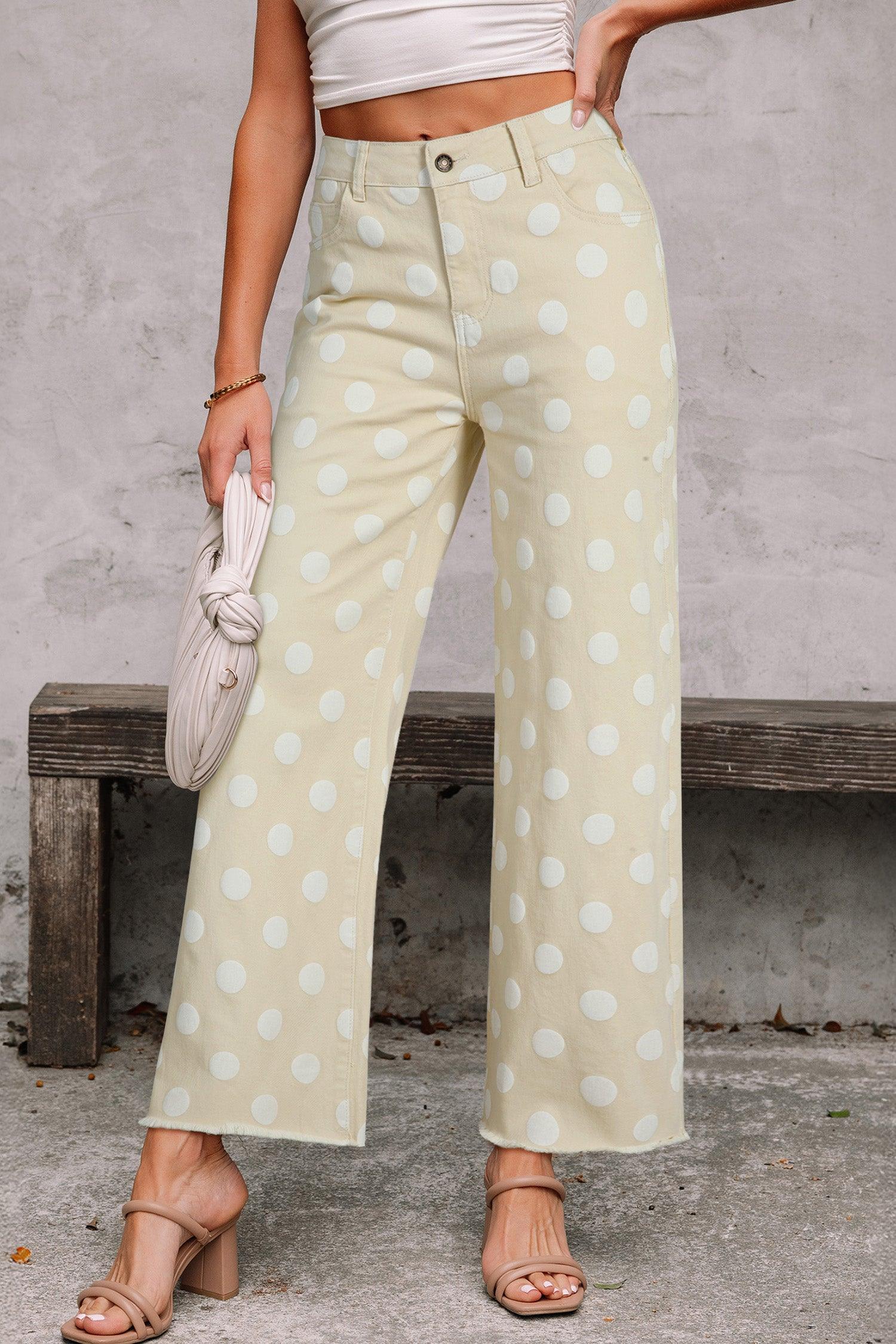 Sky Blue Polka Dot Print Raw Hem Shift Jeans Khaki 98%Cotton+2%Elastane Dear-Lover Dropshipping Bottoms/Jeans